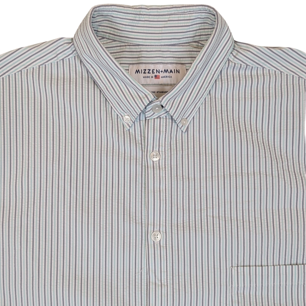 Mizzen Main Seersucker Shirt Men's 2XL Standard Fit  Blue Grey Stripe XXL Button